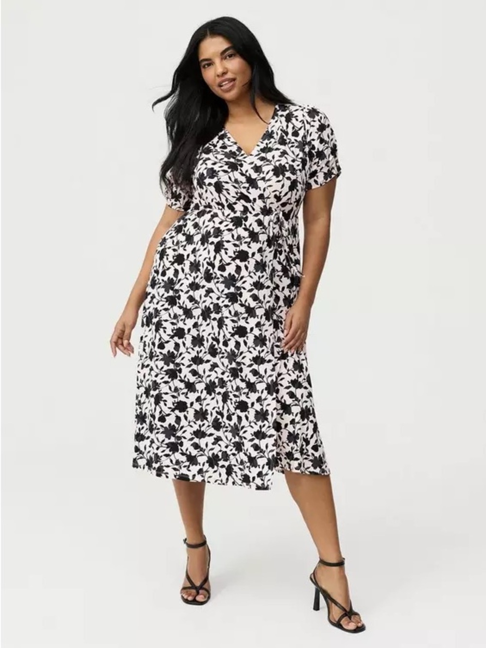 Torrid Studio Knit Surplice Midi Dress Floral Wrap Black & White Plus Size 4X